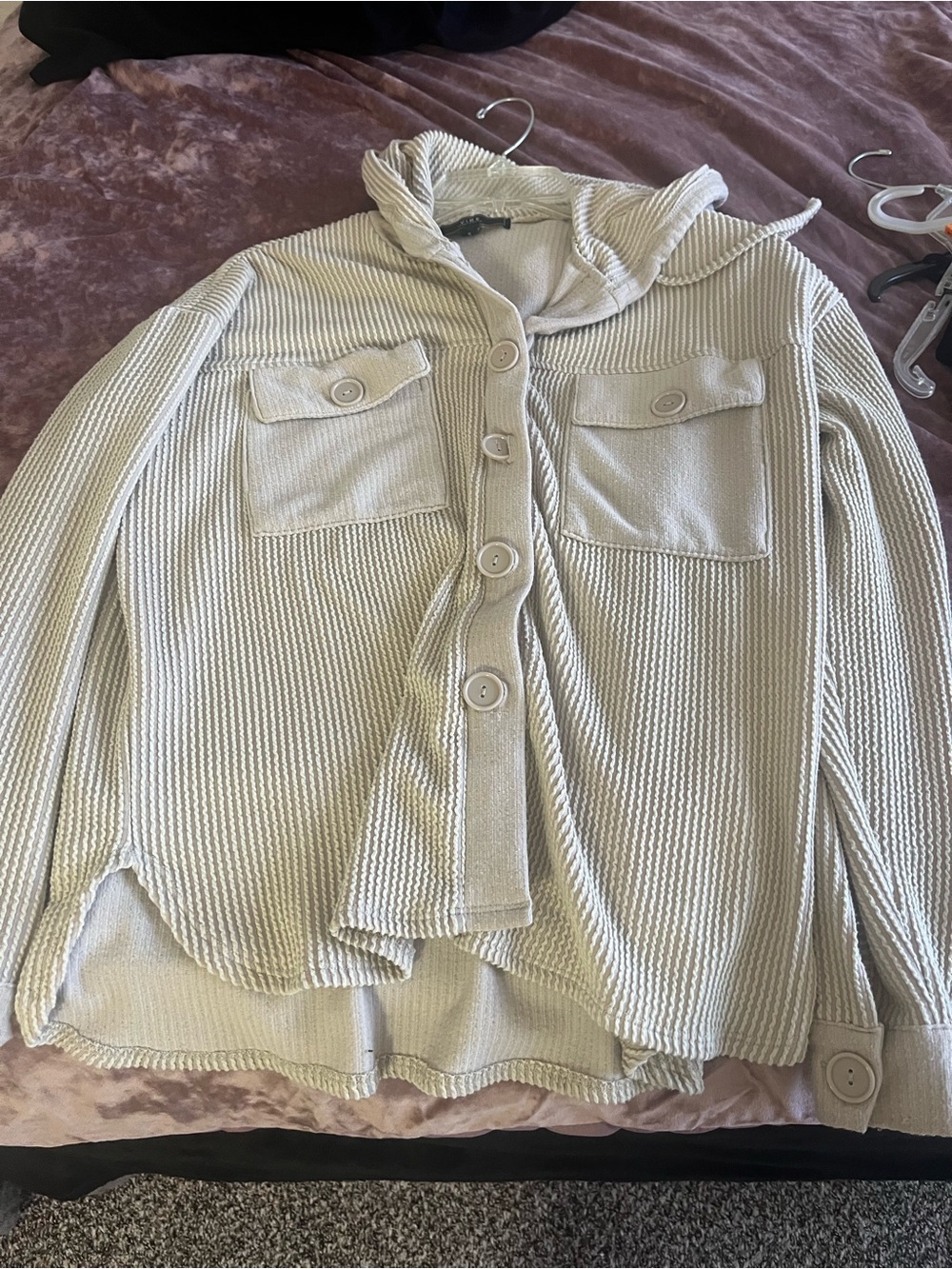 Women's Hooded Button-Front Knit Jacket - Light Beige